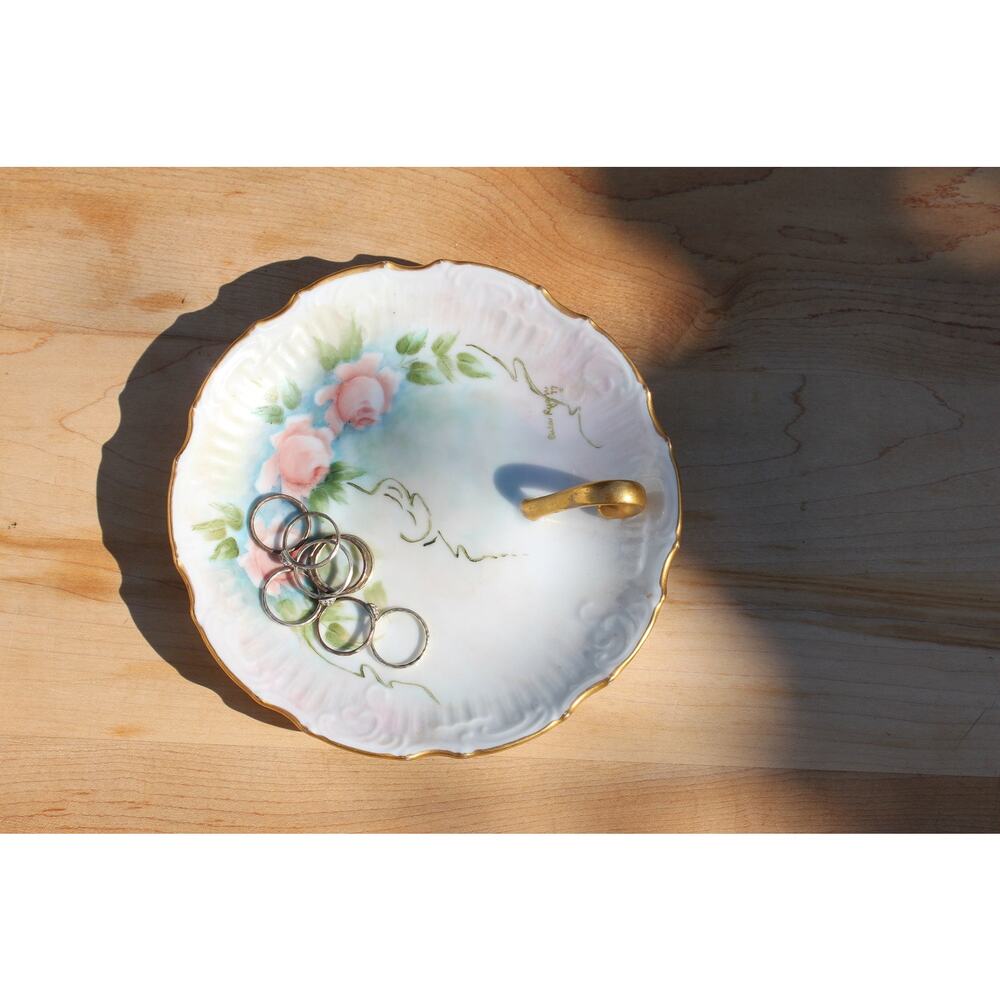 Hand Painted Suacer/Plate with Gold Handle- Pink Roses and Gold Garland Border